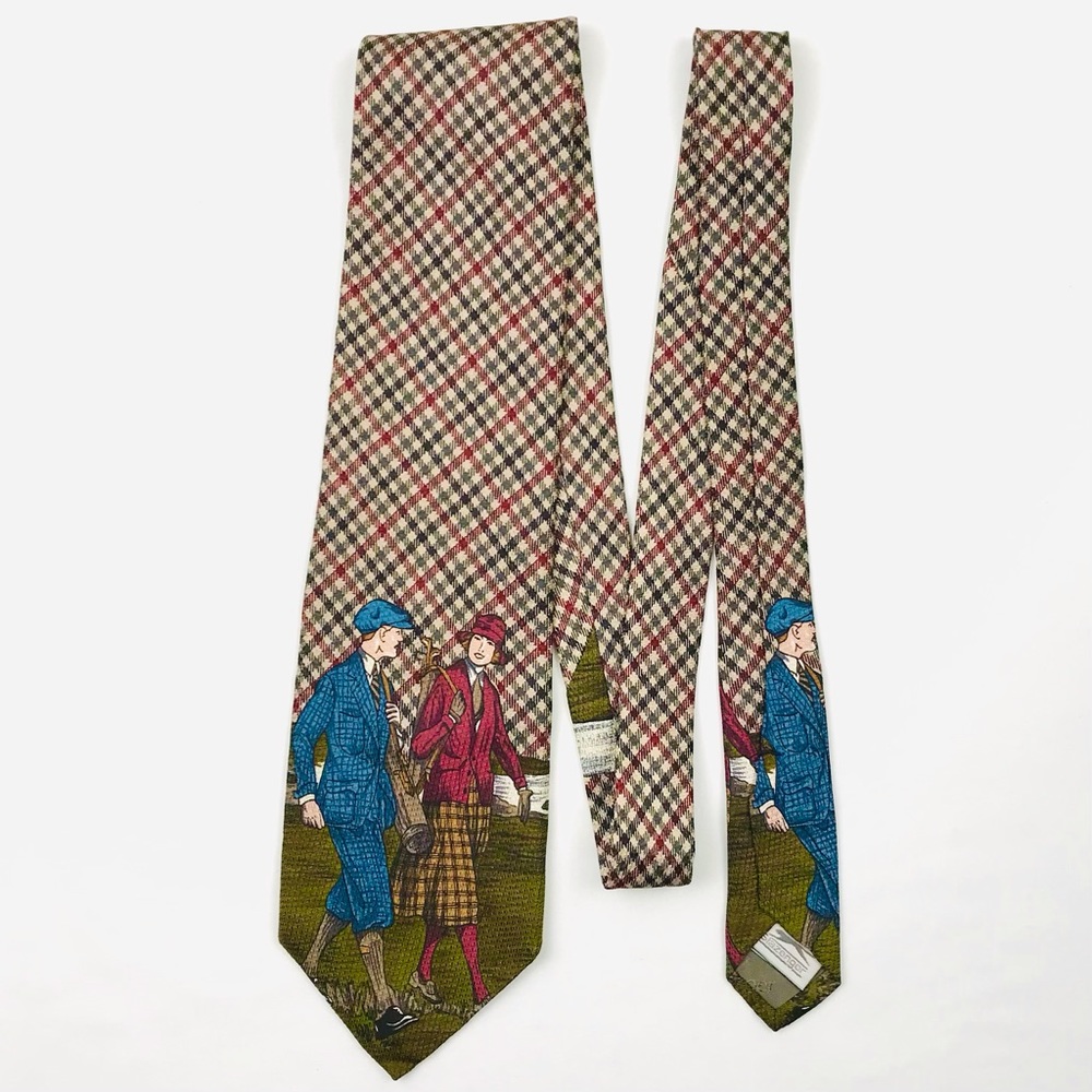 After Golf by Slazenger Golfing Couple Vintage Look Plaid Mens Silk Necktie EUC
